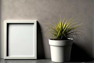 Blank landscape frame mockup with home plant pot over grey wall, poster or picture mockup. Generative AI