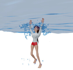 3d rendering. Cute girl drowning in water, is shocked. girl raising hand up for needing help isolated on background.