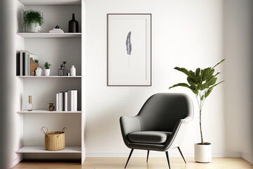 Obraz na płótnie Canvas Minimal Scandinavian bright home living room interior design with stylish armchair, side table, shelf with decor, frame mockup on wooden floor, white wall and home decor. , 3d illustration. Generative