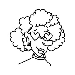 Hand drawn doodle portrait of woman with curly hair. Linear female adult face in caricature style isolated on white background. Woman in heart sunglasses and square earrings.