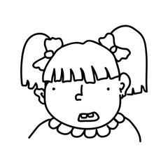 Hand drawn doodle portrait of girl with ponytails. Linear kid in caricature style isolated on white background. Funny child with bows. Cartoon black and white avatar