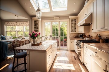  a kitchen with a center island and a skylight above it and a dining table and chairs in the center of the room with a table and a vase of flowers on the counter top.