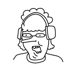 Obraz premium Hand drawn doodle portrait of speaking human with long nose and curly hair. Avatar with cartoon person with big headphones and glasses in caricature style. 