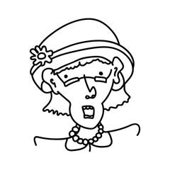 Hand drawn doodle portrait of elderly woman in hat. Cartoon funny avatar of senior in caricature style. Cheerful grandmother in glasses and beads on white background. 