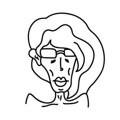 Hand drawn doodle portrait of skinny person in sunglasses. Caricature of thin, scrawny human with small nose, big lips, sharp cheekbones and long hair. Cartoon avatar