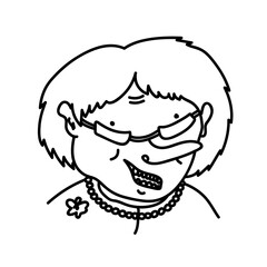 Hand drawn doodle portrait of elderly woman with  wrinkles. Cartoon funny avatar of senior in caricature style. Cheerful grandmother in glasses and beads on white background. 