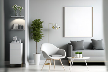 Contemporary gray white interior with furniture and decor. illustration mockup. Generative AI