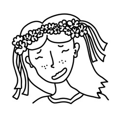 Hand drawn doodle portrait of cheerful girl with flower wreath. Linear female face in caricature style isolated on white background. Beautiful young woman with freckles and long hair.