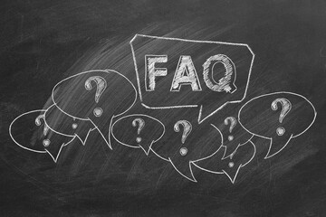 Hand drawn text FAQ, question marks with speech bubbles on blackboard. Frequently Asked Questions.