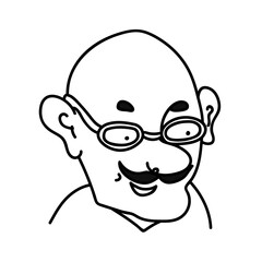 Hand drawn doodle portrait of cheerful bald man with black mustache and eyebrows. Caricature avatar of person with big ears. Profile of linear human in glasses isolated on white background.