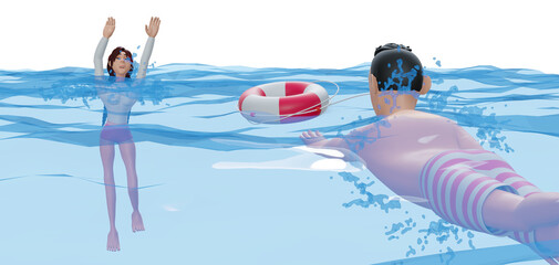  Beach lifeguard saving unconscious woman drowning in sea while seaside vacation.girl raising hand up for needing help isolated on background.