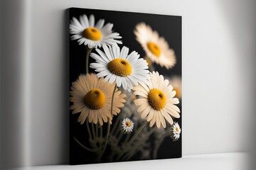  a picture of a bunch of daisies on a wall with a black background and a yellow center piece in the center of the picture is a black and white background with a yellow center.