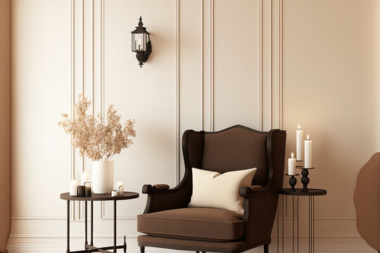 Brown armchair and beige walls light room design project. Pastel milky ivory tones are a trend 2023. Luxe lounge with accent black candles. Space for mockup picture, art or paint. Generative AI