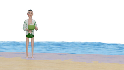 3d rendering. man with coconut cocktail.  Summer beach with man with cocktail.