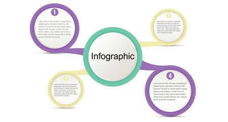 Infographic template for business information presentation. Vector circles and geometric elements. Modern workflow diagrams. Report plan 4 topics