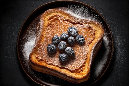 a plate with a piece of toast and blueberries on it with powdered sugar on top of it and a bowl of blueberries on the side of powdered sugar on top of the plate.