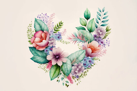 Beautiful Heart-Shaped Flowers Watercolor Illustration, Valentine's Day, Wedding, Generative AI