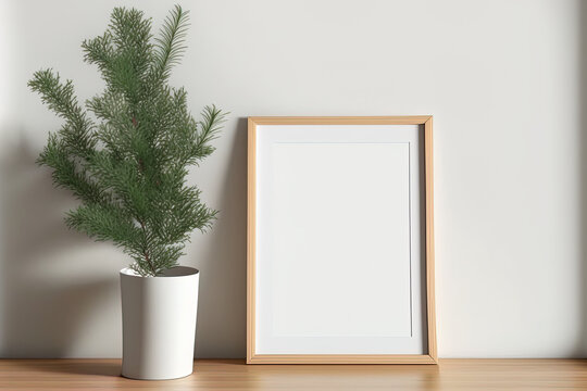 Christmas interior still life. Blank vertical wooden picture frame mockup on wooden table, desk. Pine tree branches in vase. Empty paper sheets, gift wrapping paper on desk. White wall background