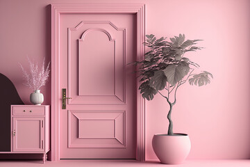 Monochrome living room scene with door, sideboard, plant pot on pink background. Creative composition. Light background with copy space. for web page, presentation, studio, store fashion. Generative