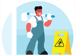Professional cleaner in uniform with mop for washing floor next to the wet floor sign. Character for cleaning service. Vector graphics