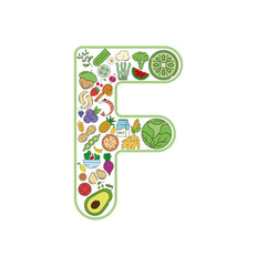 Food and drink collage icon set from letter F. Vector set of essential allergens and diet line icons. Editable food icon set.