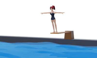 3d rendering. Swimming pool with a diving Board. black swimsuit woman jumping on water. A girl in a bathing suit preparing to jump from a springboard into the water. Water sports.