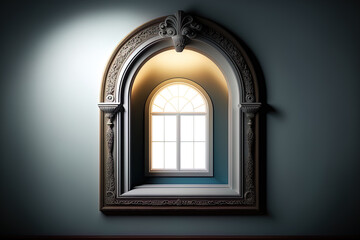 Mock picture frame with ornamental wall arch and window light. Generative AI