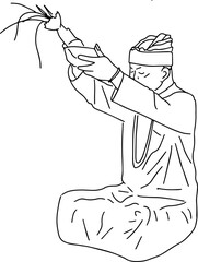 Outline sketch of praying Balinese man in traditional dress sacred raised his hands to the sky 