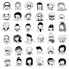 Big collection of various hand drawn doodle people - children, teens, adults, seniors. Linear cartoon characters with different emotions. Set of human portraits, comic avatars, diverse faces