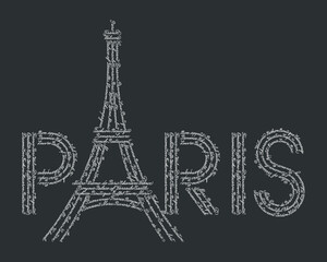 The word Paris with the symbol of the Eiffel tower. The shape is filled with repeated handwritten English words and some French popular words, translation: Welcome, Hello, Sorry, Love, Thanks.