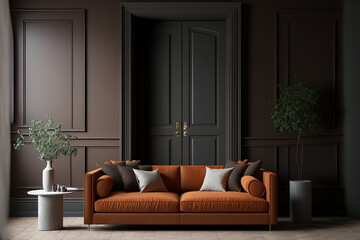 A living room lounge with blank, black walls serving as art's backdrop. Mock up space for a salon hall. Terracotta brown oversized sofa. Dark interior design for today. great scenario. Generative AI