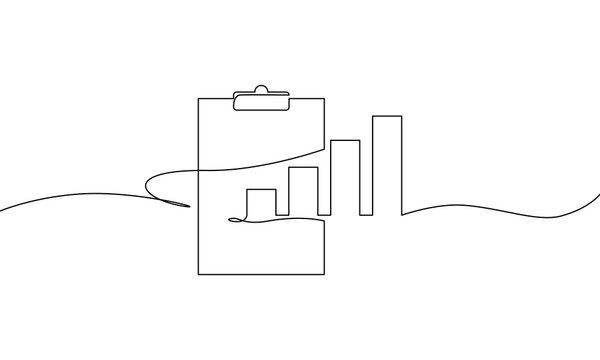 Continuous line drawing of clipboard. Growth graph icon business, bar chart, object one line, single line art, vector illustration 