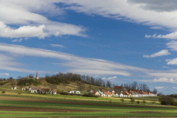 Fototapeta premium Traditional wine cellars with vineyard in Galgenberg near Wildendurnbach, Lower Austria, Austria