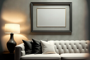 a close up mockup photo frame on a lovely lounge wall, a luxuriously designed interior. Generative AI