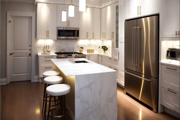  a kitchen with a marble island and a stainless steel refrigerator and oven and microwave oven and a microwave oven and a microwave oven and a microwave oven and a counter with stools and a.