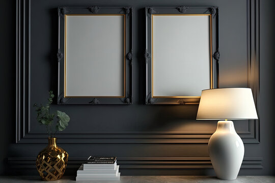 Blank two picture frames mock up in dark gray color room interior,. Generative AI