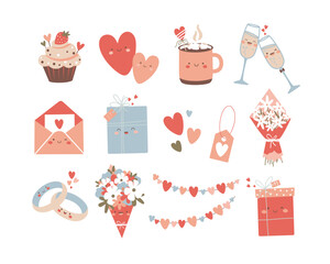 Happy Valentine`s Day vector set. Gifts, bouquets, hearts, wedding rings, cake, champagne glasses. 
Perfect for Valentine's day stickers, invitations, and cards.