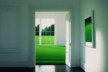 Morning in a white room with green lawn. Don't concentrate on things. Generative AI