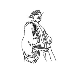 Vector illustration of Ukrainian hutsul man wearing traditional folk costume. Line cossack drawing