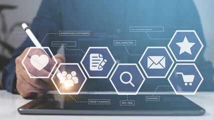 Businessman using laptop hand manager project process research business team work startup modern office global strategy virtual innovation icon graph interface analysis stock market blurred