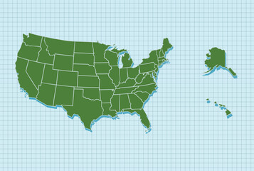 illustration of a simple cartoon usa map on blue grid lines background