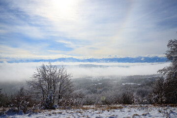 Obraz na płótnie Canvas Winter tracking from Plana village to Manastirishte peak, Plana mountain, Bulgaria 