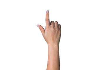 Female hand showing index finger up on white background with clipping path, first button press, double click, mouse lift.