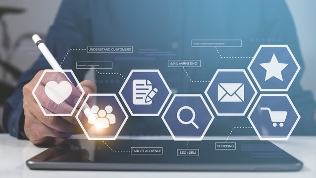 Businessman using laptop hand manager project process research business team work startup modern office global strategy virtual innovation icon graph interface analysis stock market blurred - Powered by Adobe