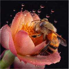 Honey bee and flower, created with Generative AI technology.