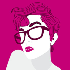 Woman with glasses, without eyes, pink, thinking