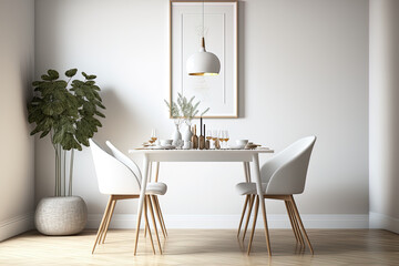 Minimalist elegant dining room. Empty modern white wall mockup in a dining room scene. 3d interior rendering, Scandanivian dining table and chairs with wooden floor. Generative AI