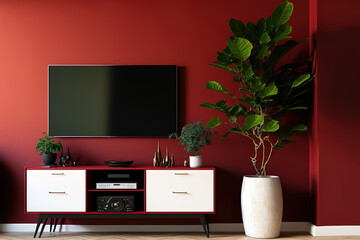 Modern living room with TV on cabinet, lamp, and plant against red wall. Generative AI