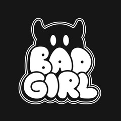 Emoji with devil horns print for t-shirt concept. Bad girl quote. Vector hand drawn doodle line cartoon illustration