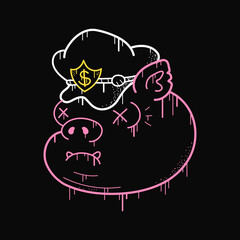 Pig character print for t-shirt. Graffiti cartoon style icon